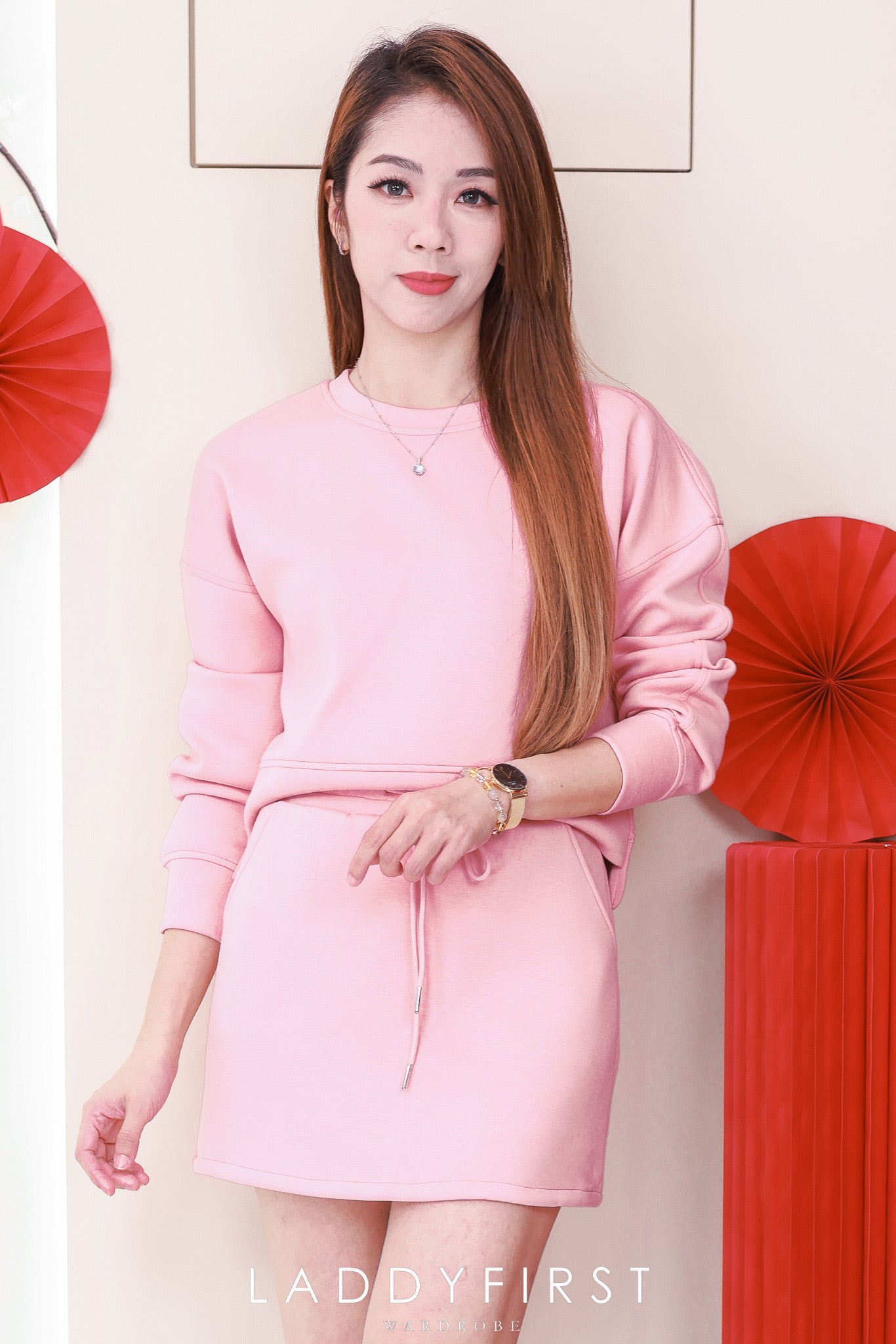 【SS1678】LFW独家爆款高品质两件式冰凉空气棉韩版休闲时尚套装 圆领宽松长袖上衣➕松紧腰弹力A字高腰百搭裙子，内层有里布短裤，有口袋 ❤️❤️