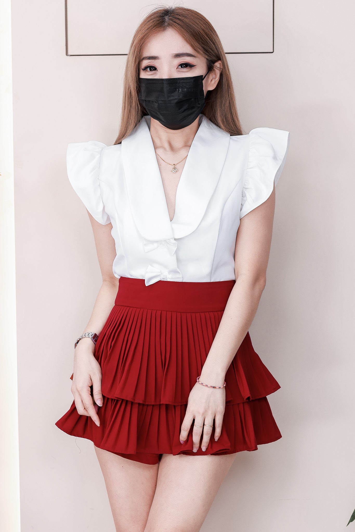 【T8238751】高品质V翻领荷叶袖甜美蝴蝶结设计时装上衣 ❤❤