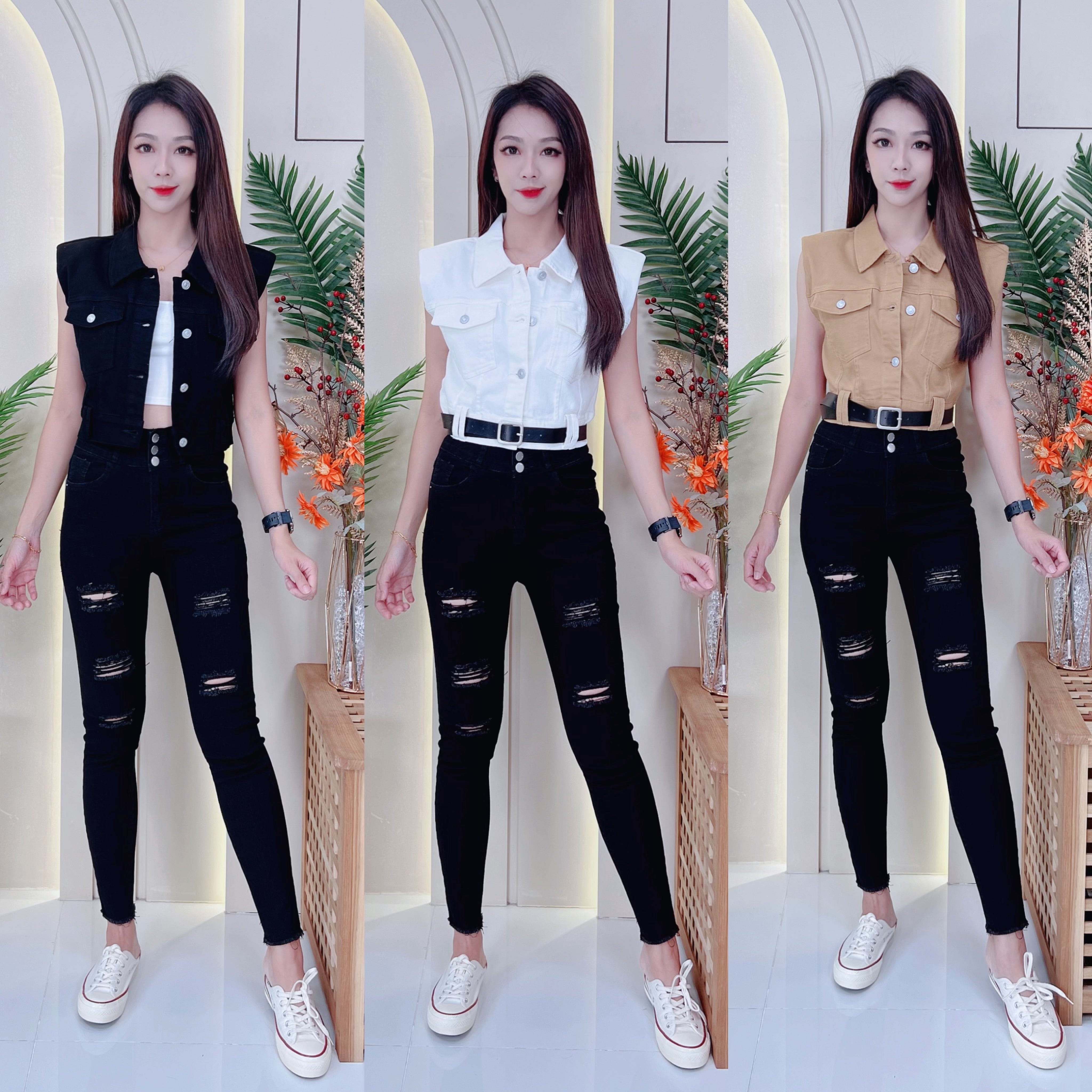 【T121366】翻领无袖加肩垫牛仔马甲外套/上衣 #搭配配送腰带 #有肩垫 ❤️❤️