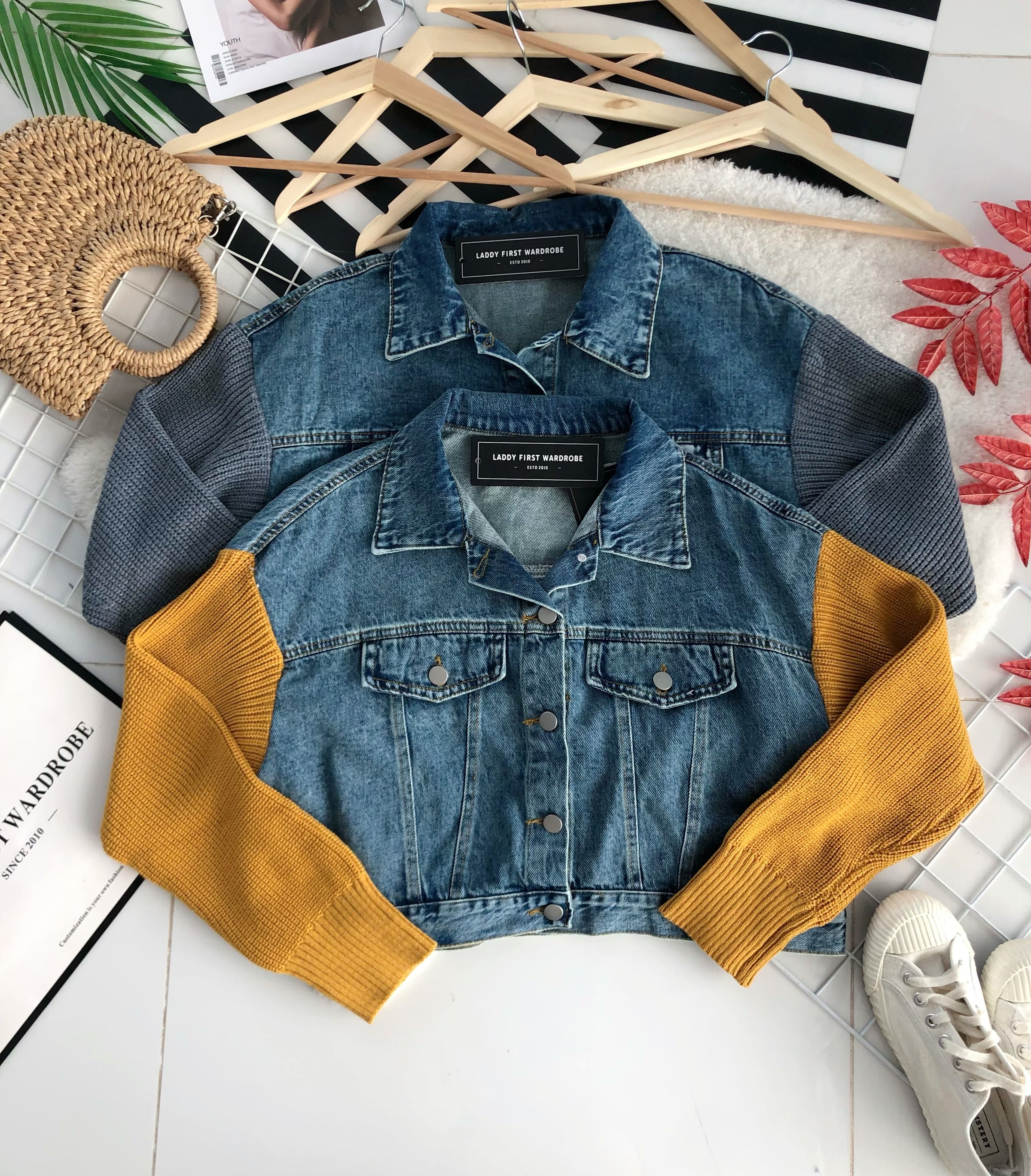 【JK22886】高品质翻领牛仔拼接针织长袖气质外套 ❤️❤️