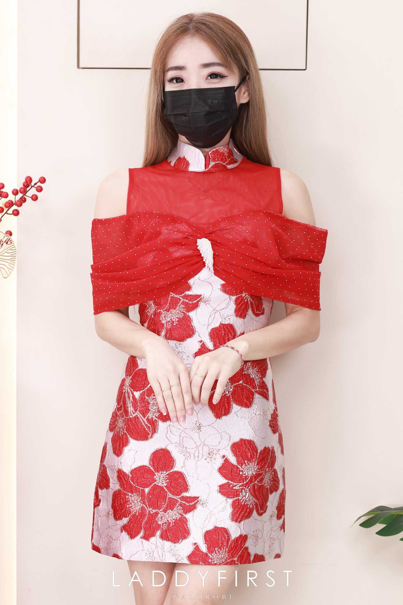 【D8238901】⚡️精选预定款⚡️高品质高端气质拼接网纱蝴蝶结提花旗袍连身裙子 ❤️❤️