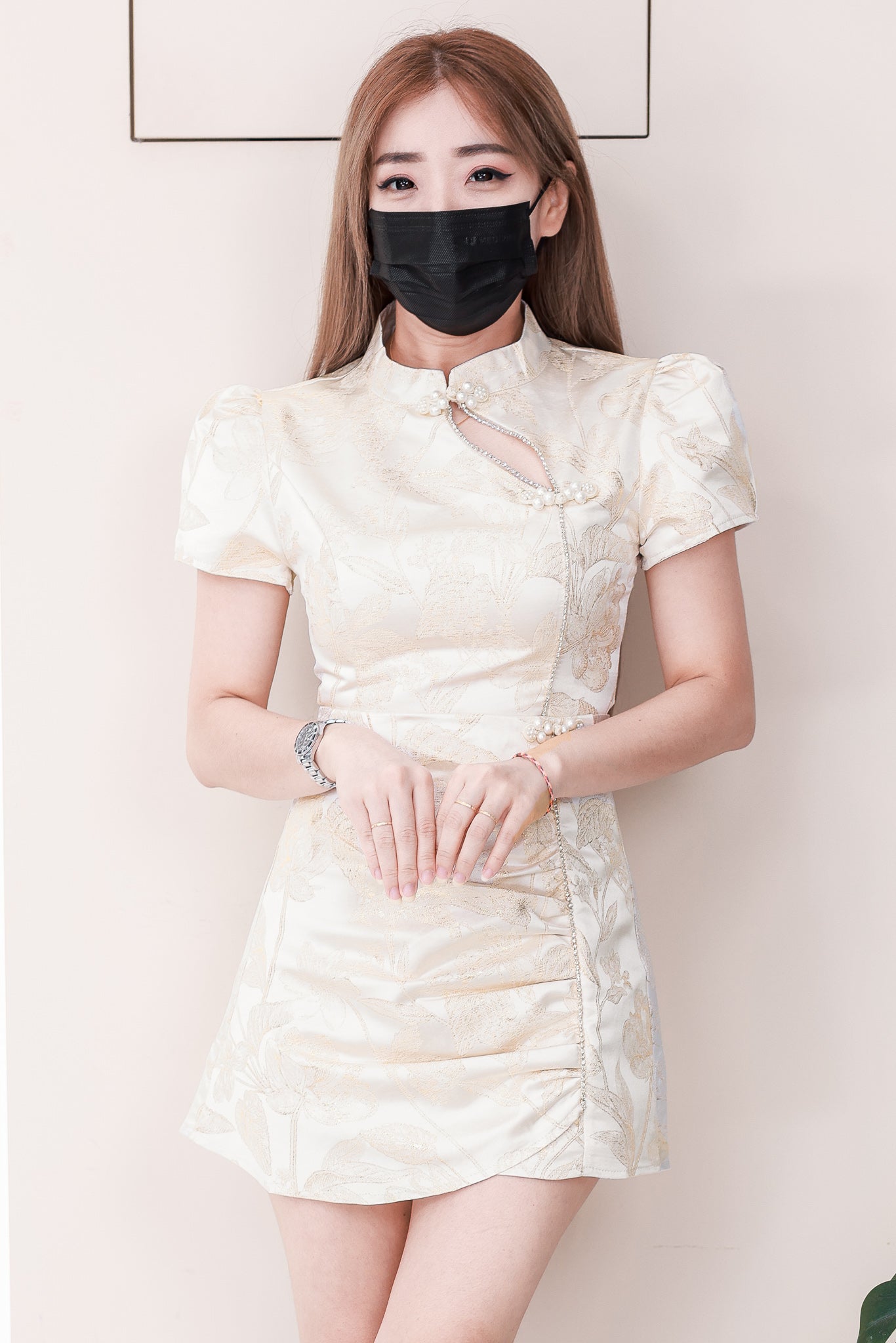 【SS2605】高品质两件式高端贵气金线提花旗袍套装 泡泡袖提花旗袍上衣➕皱褶收腰提花高腰裙子，有口袋 ❤️❤️