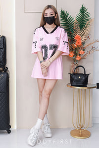 【T110906】高品质V领拼色07运动风纯棉弹力Oversized 日常休闲上衣 ❤❤ 【A-R3-C1】