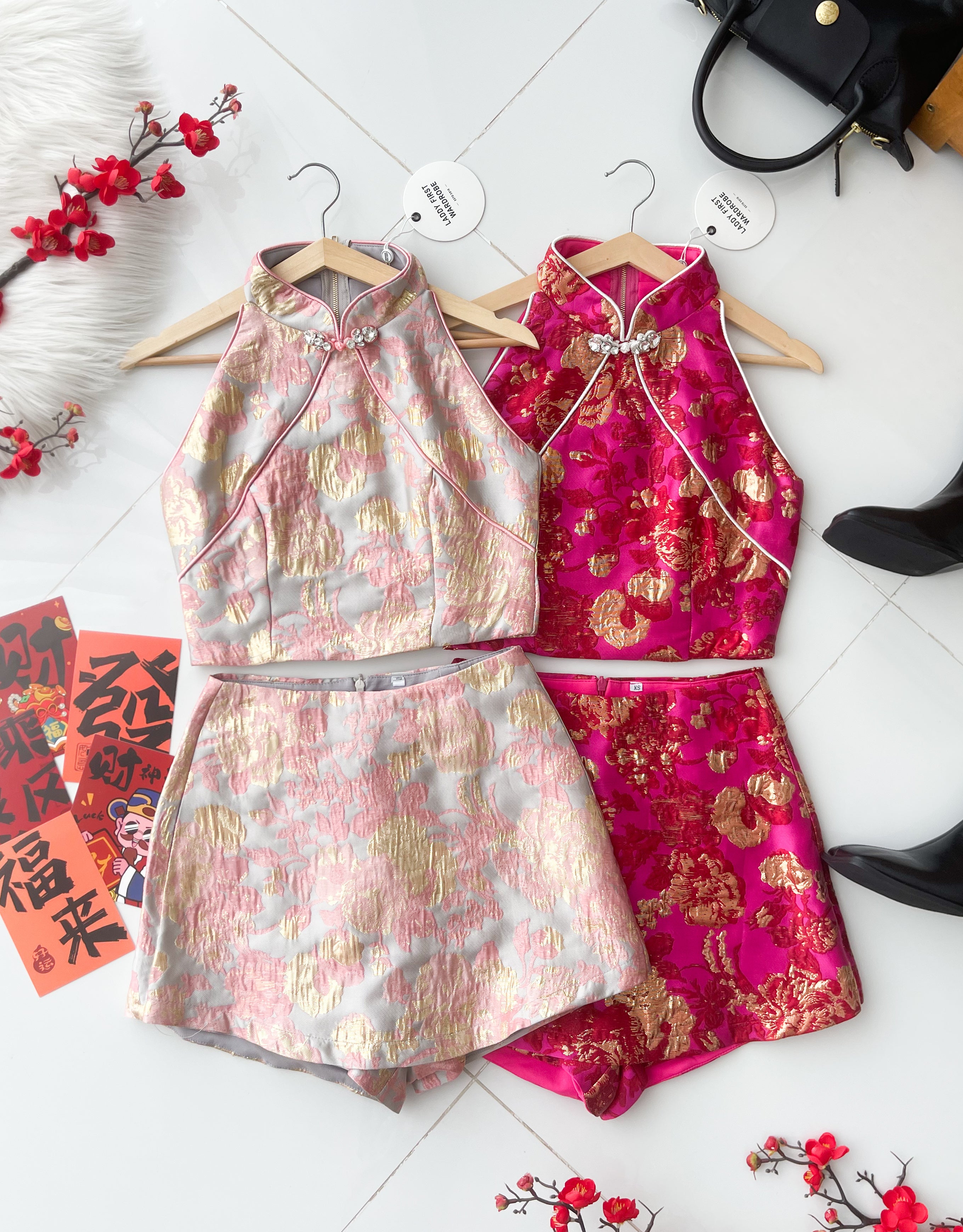 【SS8238802】【LFW独家小圆饼】高品质两件式高端气质金线浮雕提花旗袍套装 CUT IN无袖旗袍上衣➕提花高腰裤裙 ❤️❤️