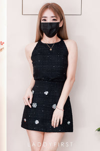 【SS16961】高品质两件式气质韩系闪亮小香风套装 小香风无袖上衣➕亮片钉珠小花朵小香风高腰裙子，内层有里布短裤，有口袋 ❤️❤️ 【C-R1-C5】