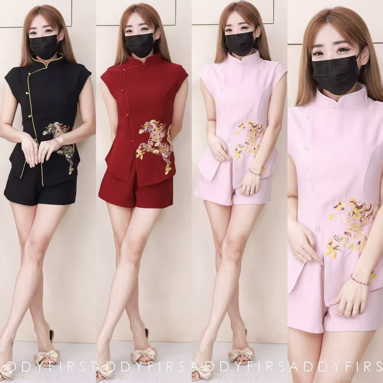 【SS55351-1】⚡补货预订款⚡高品质两件式复古国风新中式旗袍套装 立领旗袍上衣➕西装高腰百搭短裤，有口袋 ❤️❤️