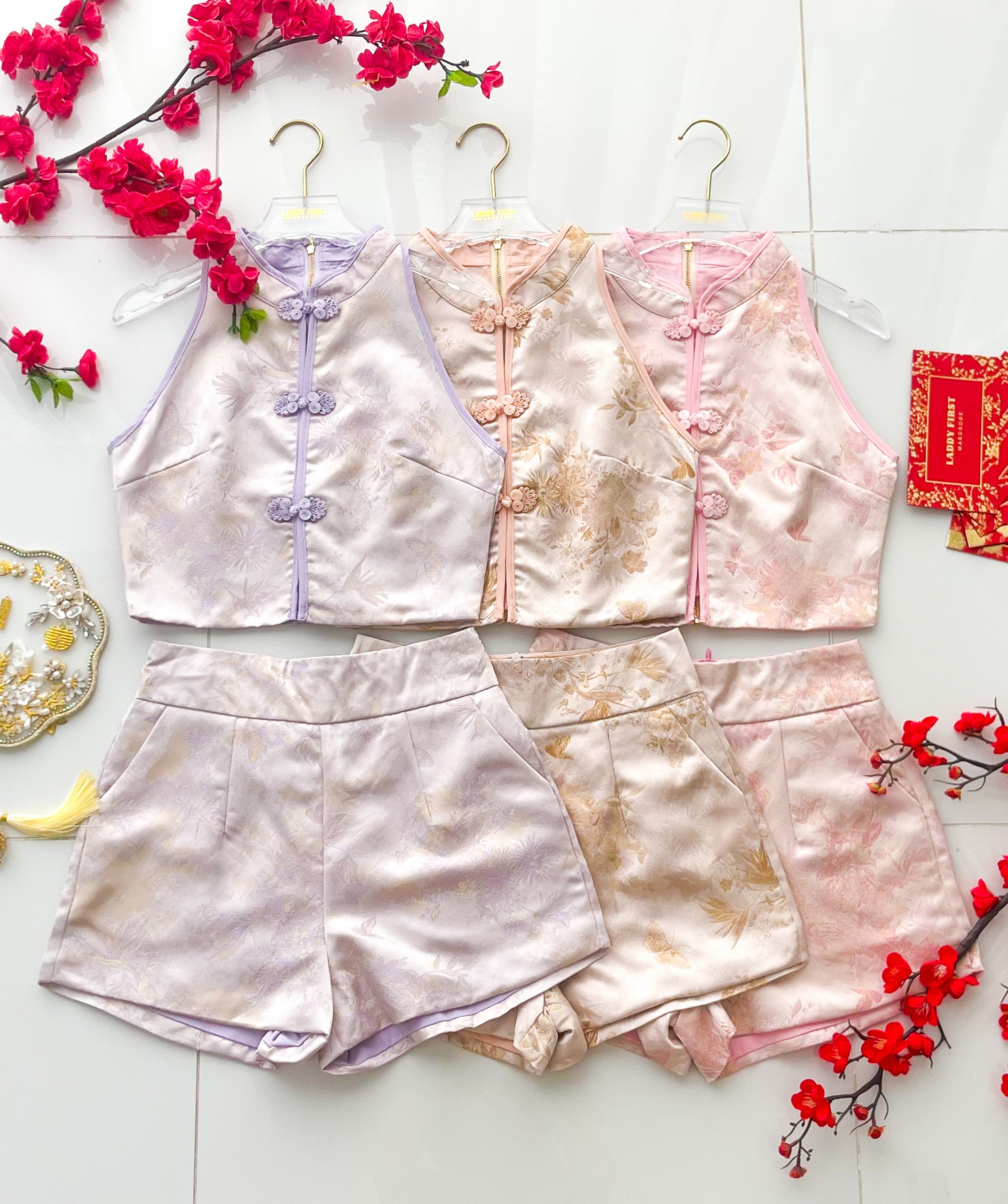 【SS21820 / 37606】高品质两件式气质新中式国风提花旗袍套装 中国结CUT IN旗袍上衣➕提花高腰短裤，有口袋 ❤️❤️