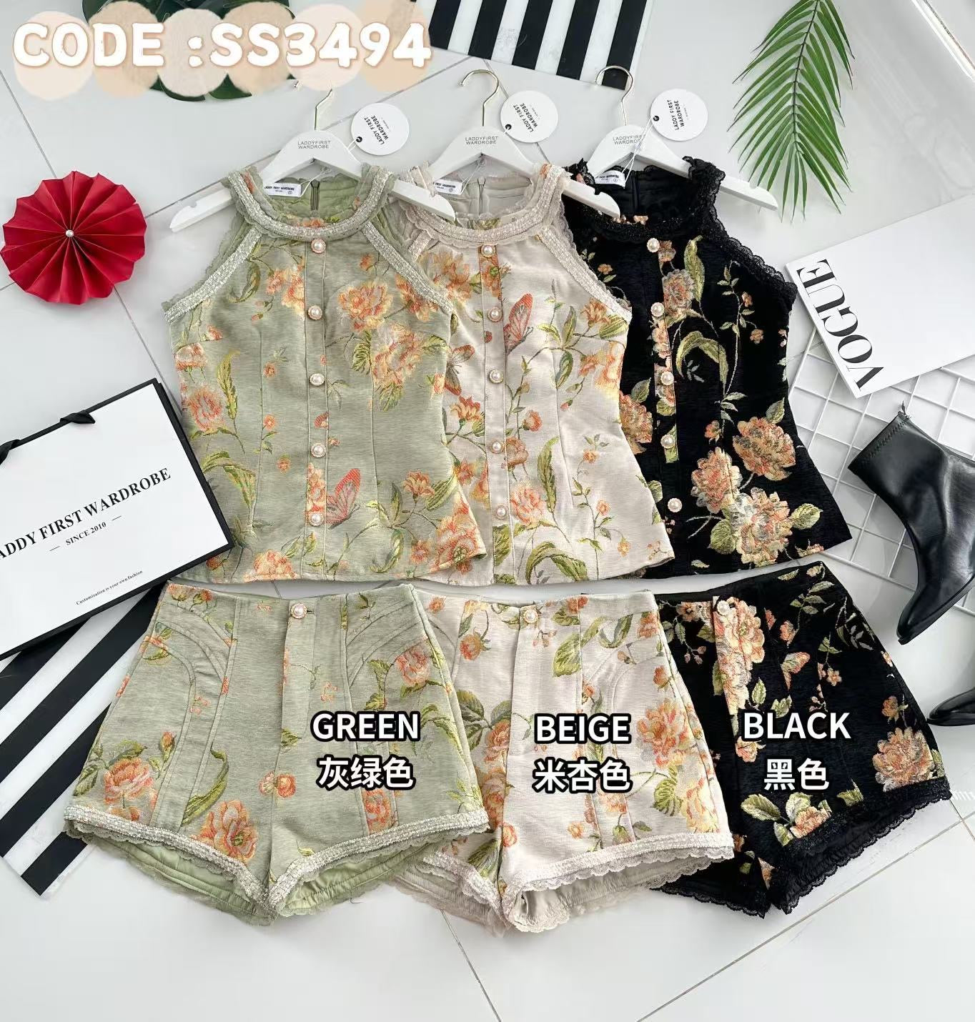 【SS3494】【LFW独家小圆饼】高品质两件式雪尼尔棉质CUT IN提花套装 无袖CUT IN收腰设计上衣➕高腰短裤，有口袋 ❤️❤️