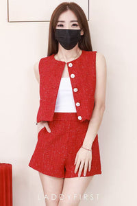 【SS3549】【LFW独家小圆饼】高品质两件式高级感气质小香风时尚套装 小香风无袖上衣➕小香风高腰百搭短裤，有口袋 ❤️❤️【F-R1-C5】