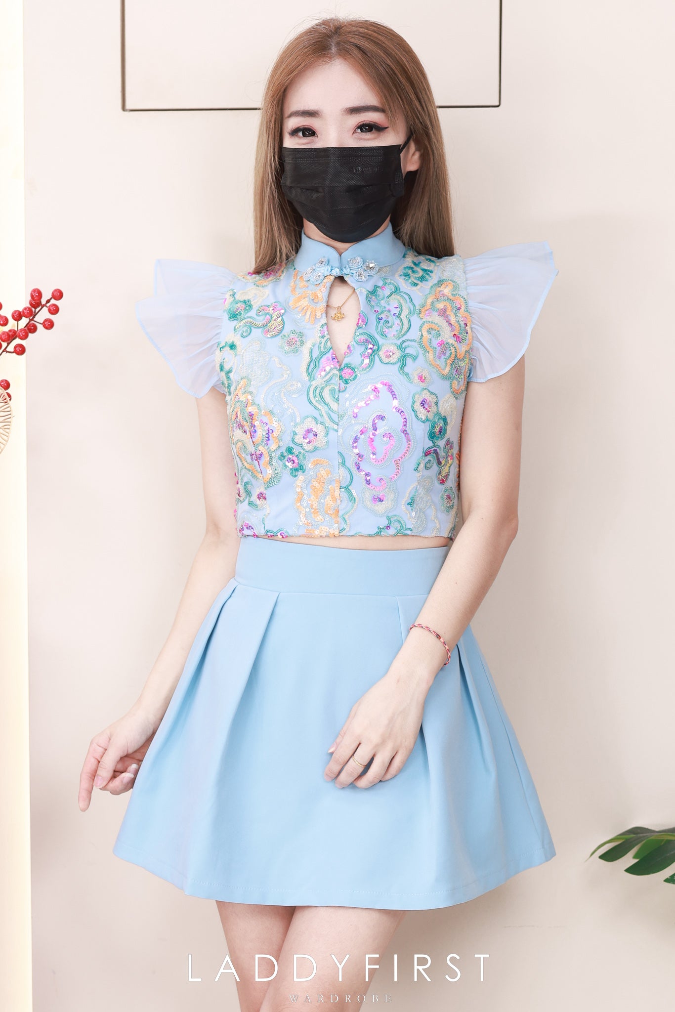 【SS8238811】高品质两件式重工新中式气质旗袍套装 锦棉拼接亮片旗袍上衣➕西装高腰百搭裙子，内层有里布短裤 ❤️❤️【A-R1-C5】