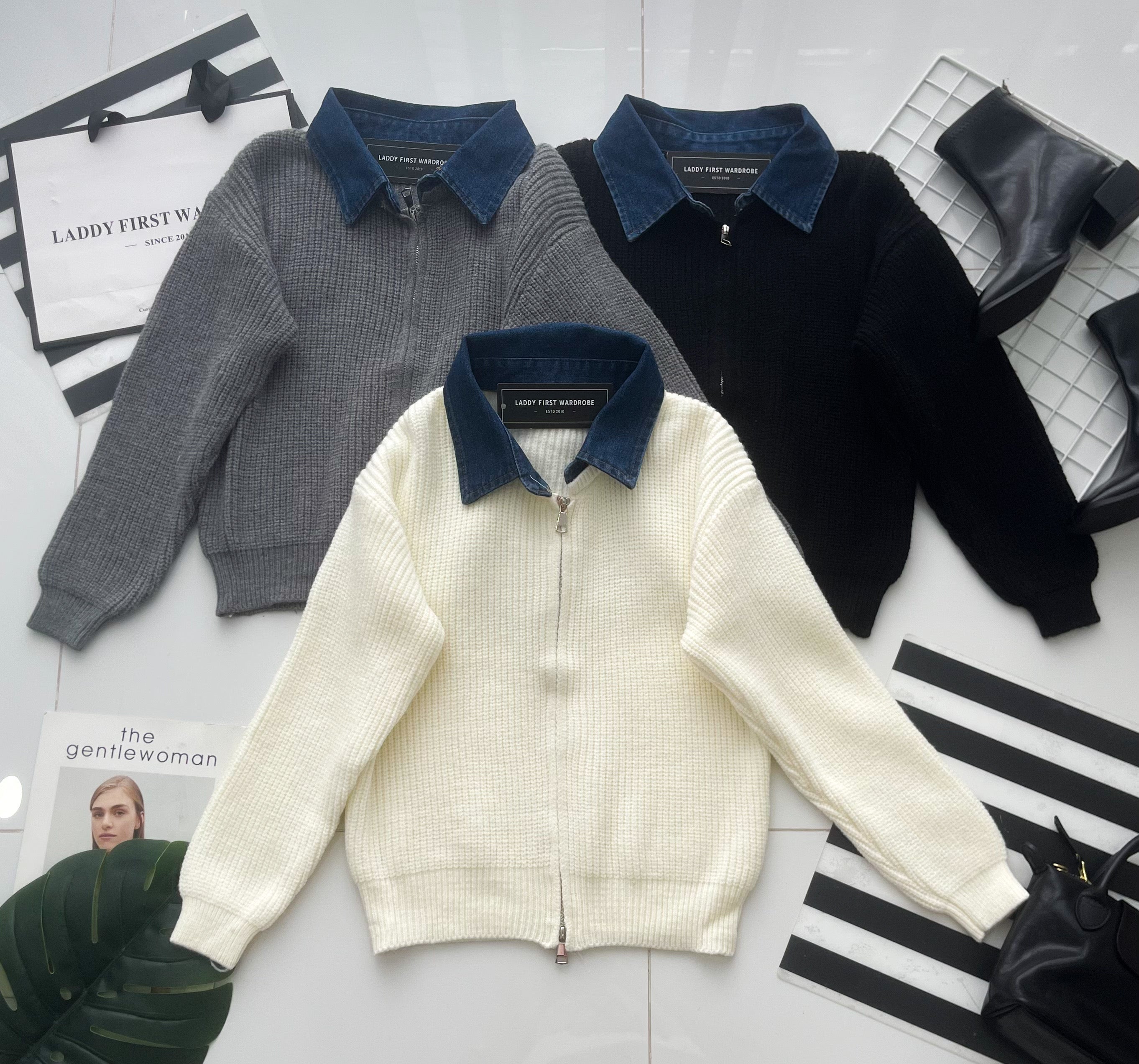 【T2878】高品质韩系厚实针织拼接牛仔翻领长袖百搭外套 ❤❤