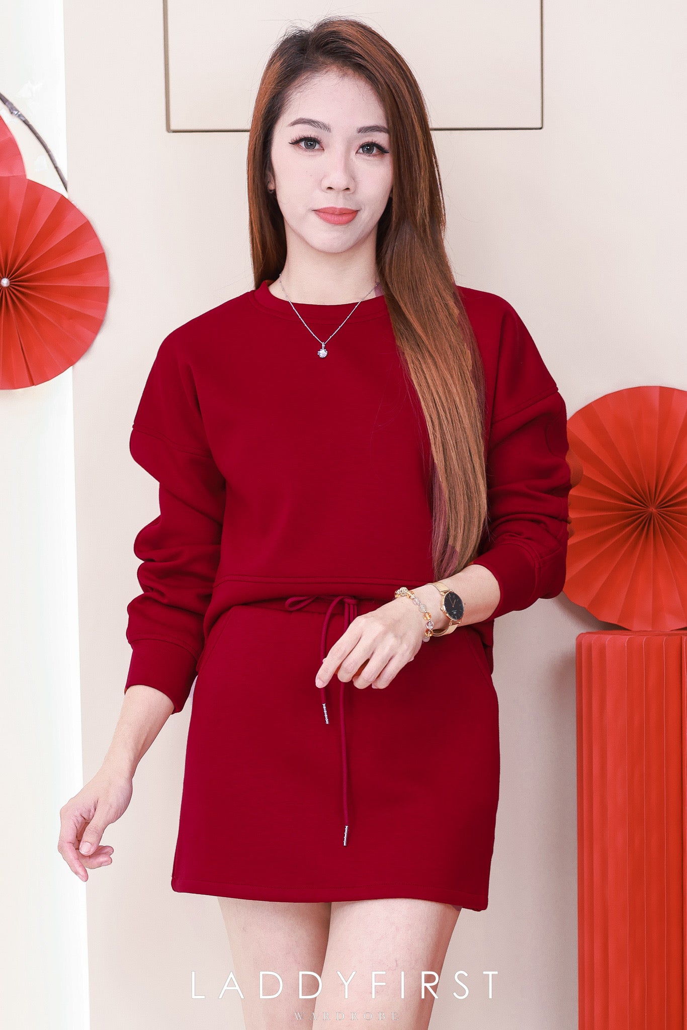 【SS1678】LFW独家爆款高品质两件式冰凉空气棉韩版休闲时尚套装 圆领宽松长袖上衣➕松紧腰弹力A字高腰百搭裙子，内层有里布短裤，有口袋 ❤️❤️