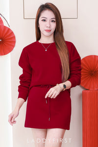 【SS1678】LFW独家爆款高品质两件式冰凉空气棉韩版休闲时尚套装 圆领宽松长袖上衣➕松紧腰弹力A字高腰百搭裙子，内层有里布短裤，有口袋 ❤️❤️