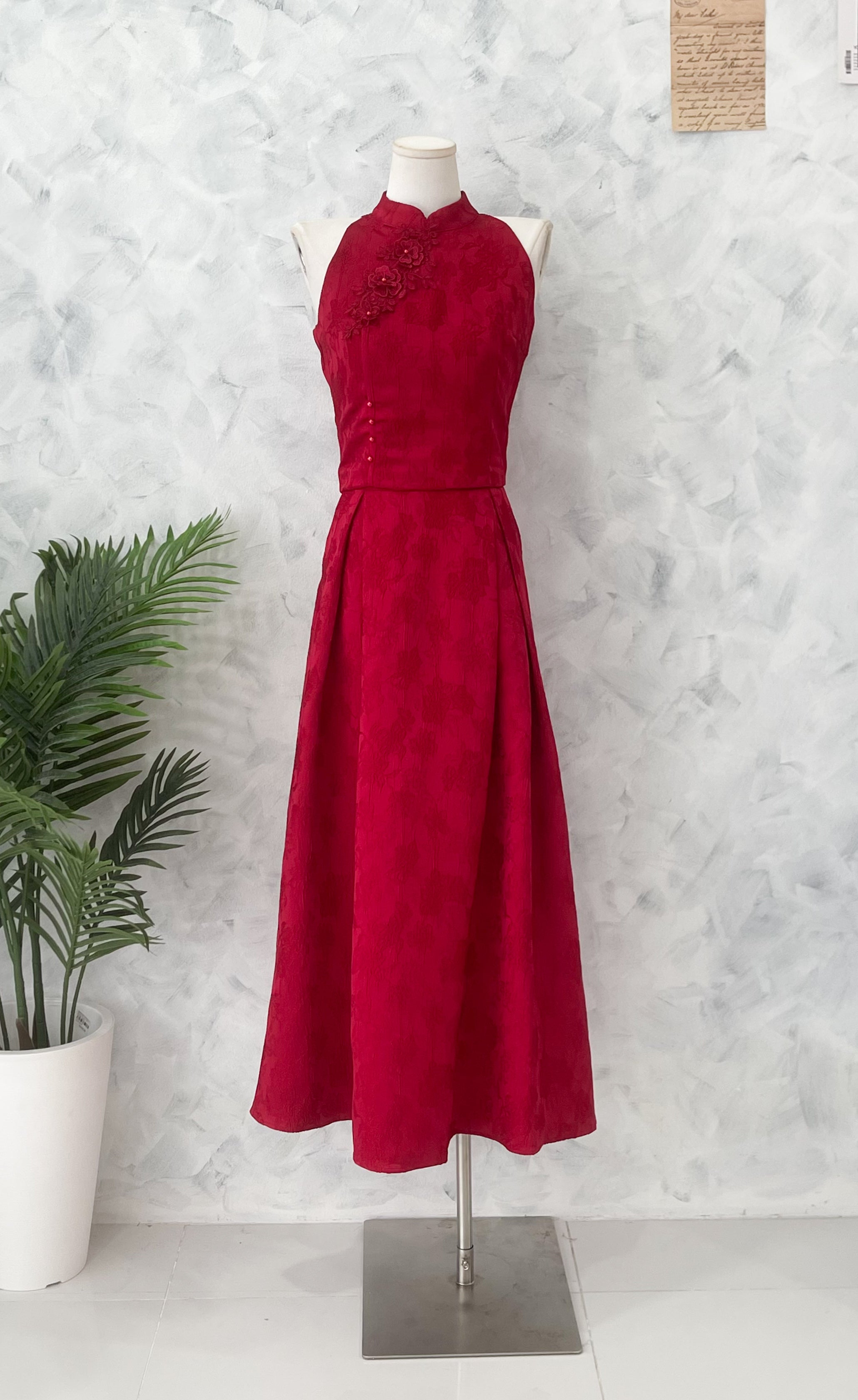 【SS2611】高品质两件式女神款提花旗袍套装 立体花瓣CUT in旗袍上衣➕大摆裙提花高腰裙子，有口袋 ❤️❤️