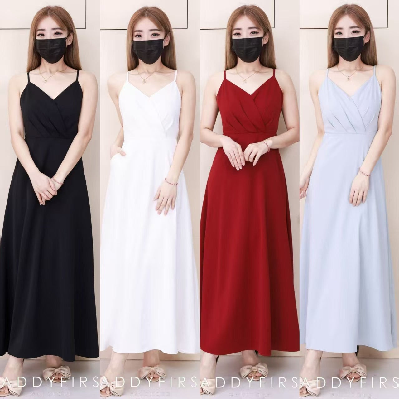 【D6483】高品质V领自调无袖肩带气质浪漫优雅款晚宴连身长裙，有口袋 ❤❤【A-R2-C2】