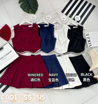 【SS3515】【LFW独家小圆饼】高品质两件式减龄时尚西装套装 拼接精致水钻无袖西装上衣➕学院风西装高腰百褶裙子，内层有里布短裤 ❤️❤️