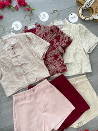 【SS3471】【LFW独家小圆饼】高品质两件式高端气质时尚提花旗袍套装 立领短袖盘扣提花旗袍上衣➕西装高腰百搭短裤，有口袋 ❤️❤️ 【D-R1-C5】