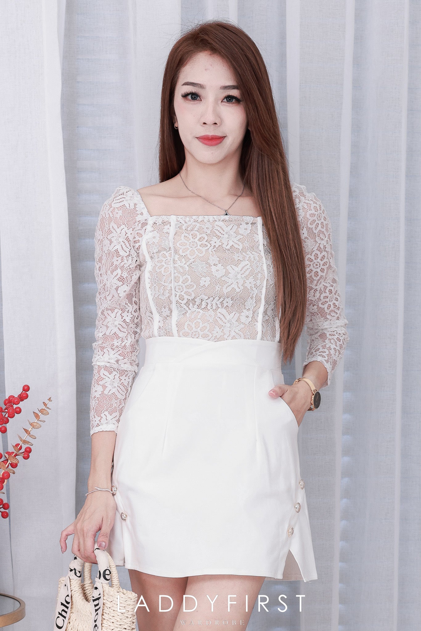 【D7254】高品质方领长袖蕾丝上衣拼接西装连身裙子，内层有里布短裤，有口袋 ❤️❤️ 【A-R1-C3】