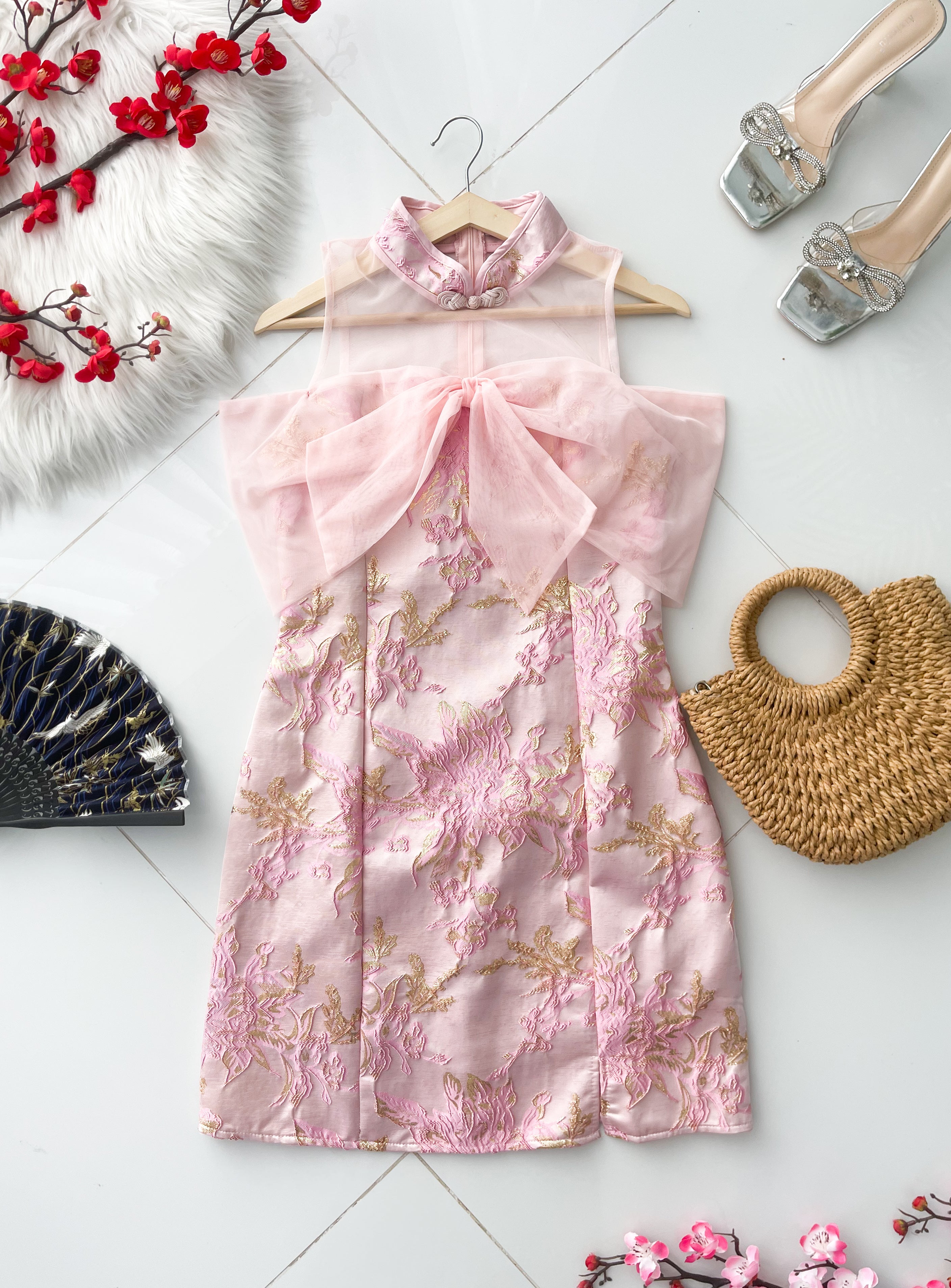 【D81657 / 91318】高品质高端气质拼接网纱蝴蝶结提花旗袍连身裙子 ❤️❤️【A-R2-C6】