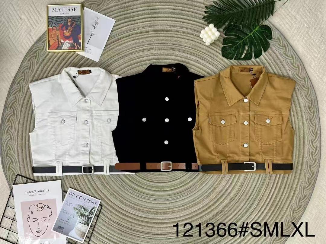 【T121366】翻领无袖加肩垫牛仔马甲外套/上衣 #搭配配送腰带 #有肩垫 ❤️❤️