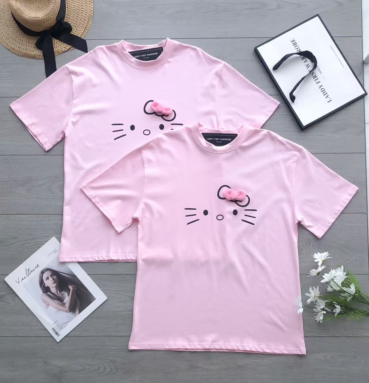 【O1302】高品质圆领短袖纯棉凯蒂猫印花Oversized 休闲上衣❤❤