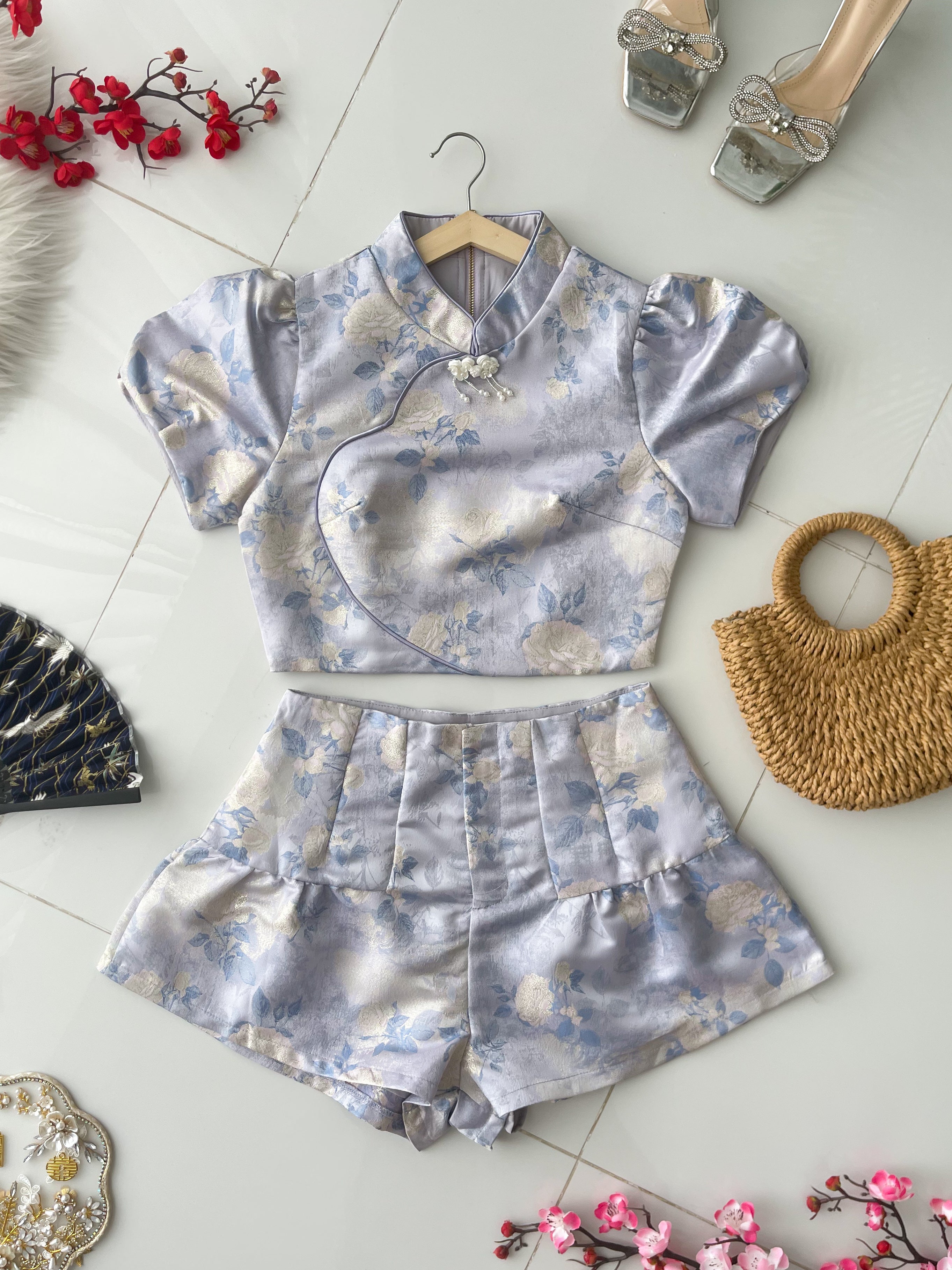 【SS98897】高品质两件式新中式提花旗袍套装 泡泡袖旗袍上衣➕提花高腰短裤 ❤️❤️