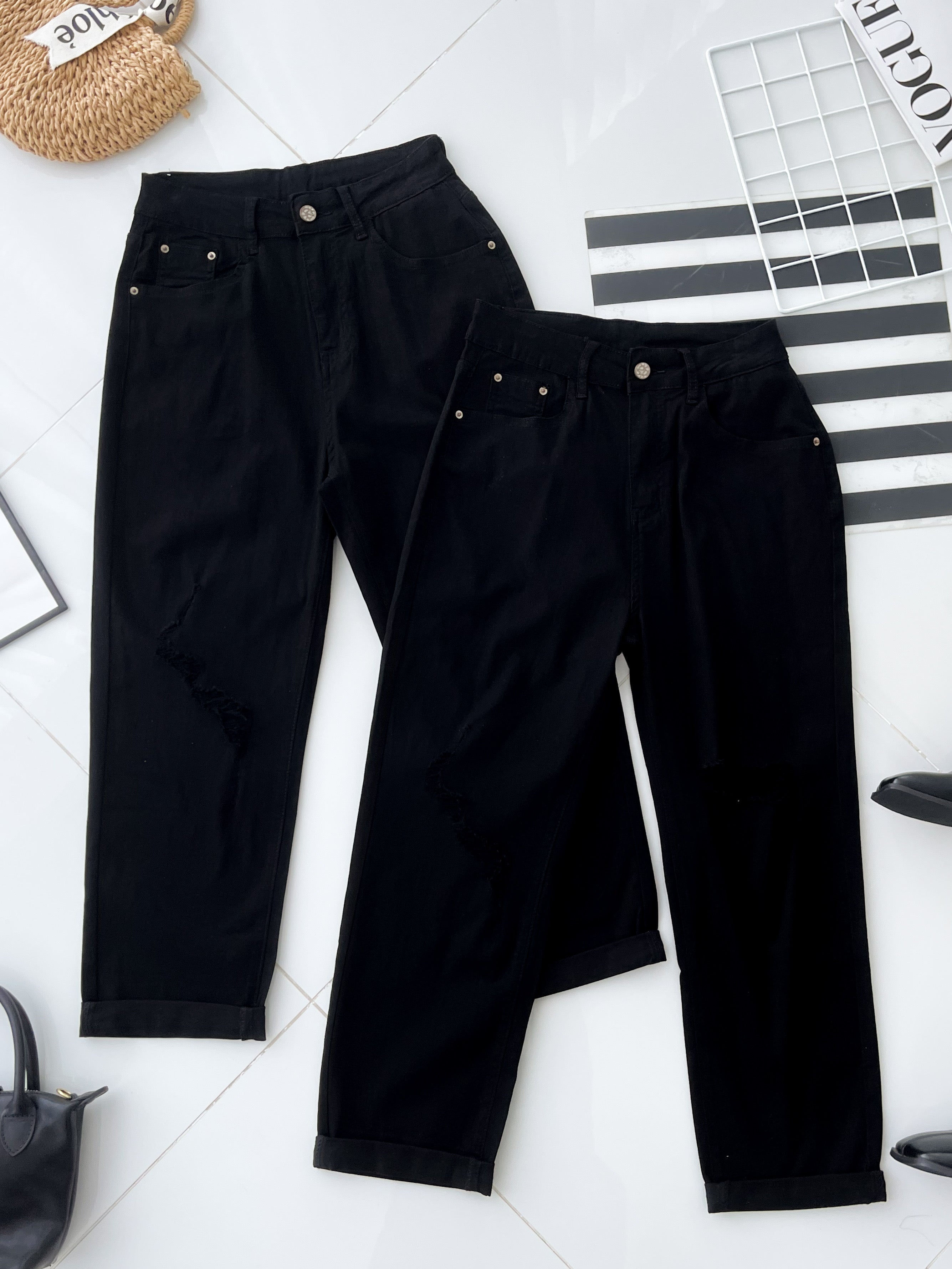 【L11762】高品质COTTON JEANS牛仔弹力破洞九分长裤，有口袋 ❤️❤️