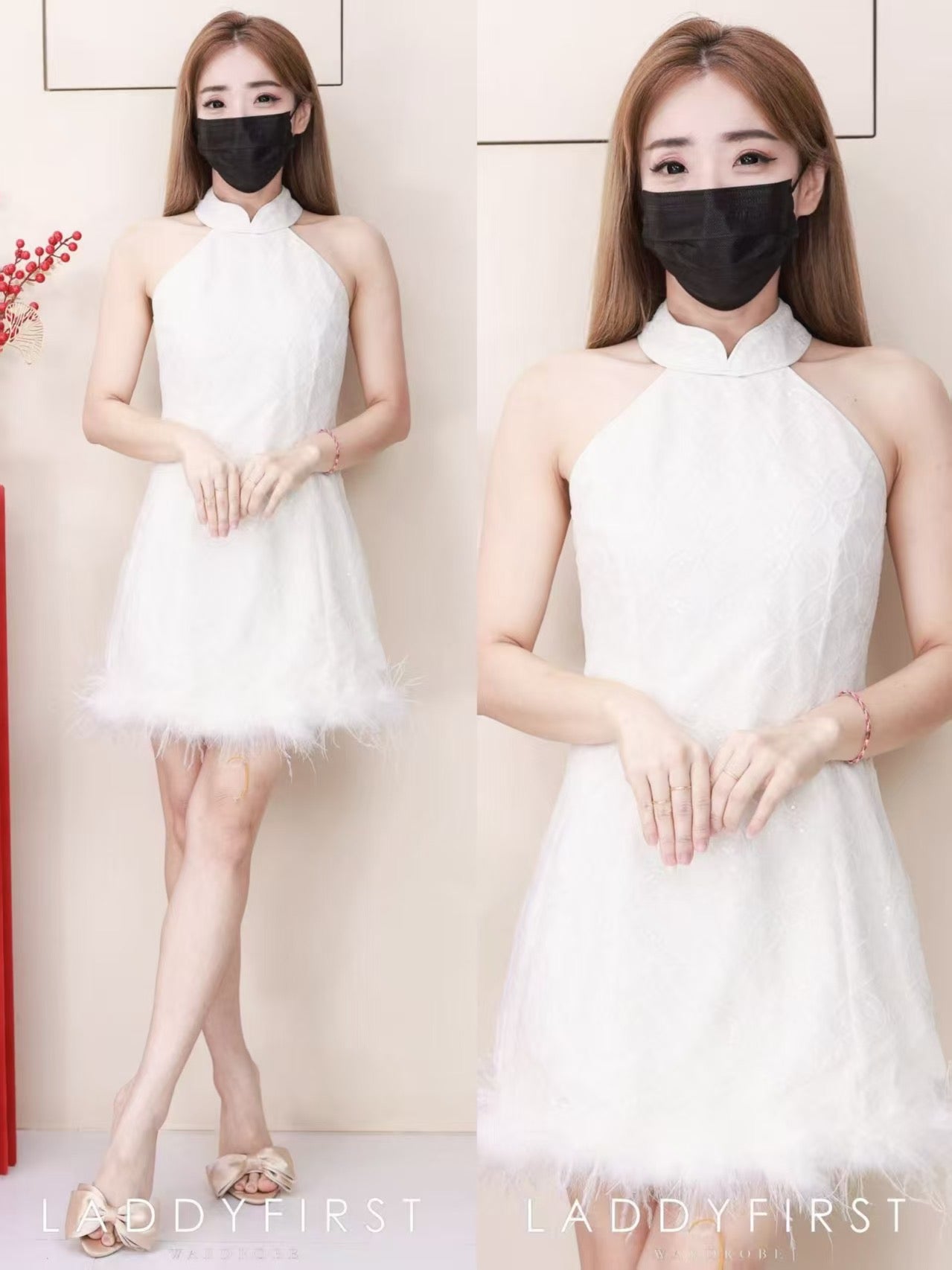 【D25251】高品质高端贵气亮片拼接下摆毛毛CUT IN连身裙子 ❤❤