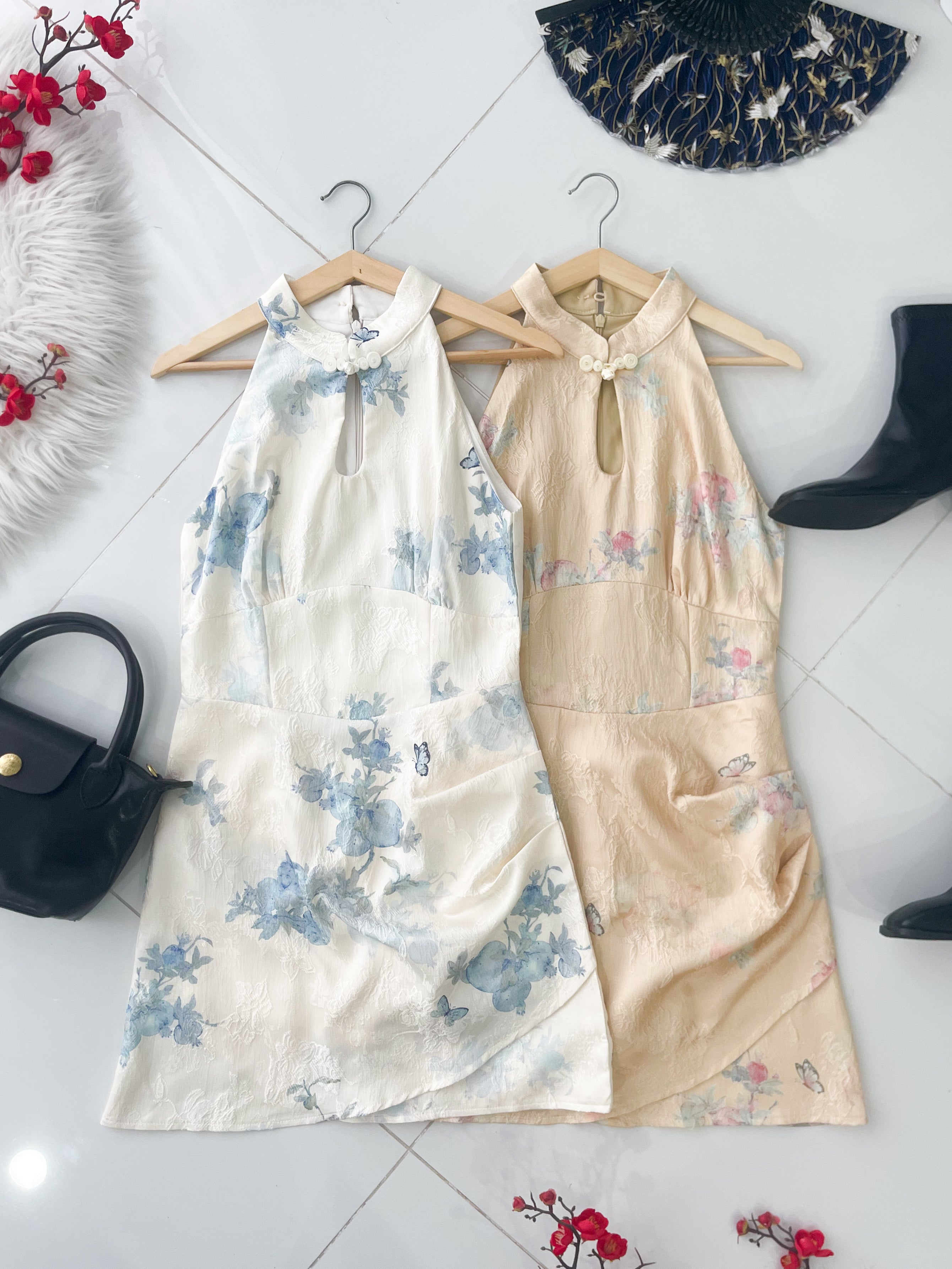 【D8239201】高品质收腰显腰型CUT IN 无袖旗袍提花连身裙子 ❤❤【A-RU】