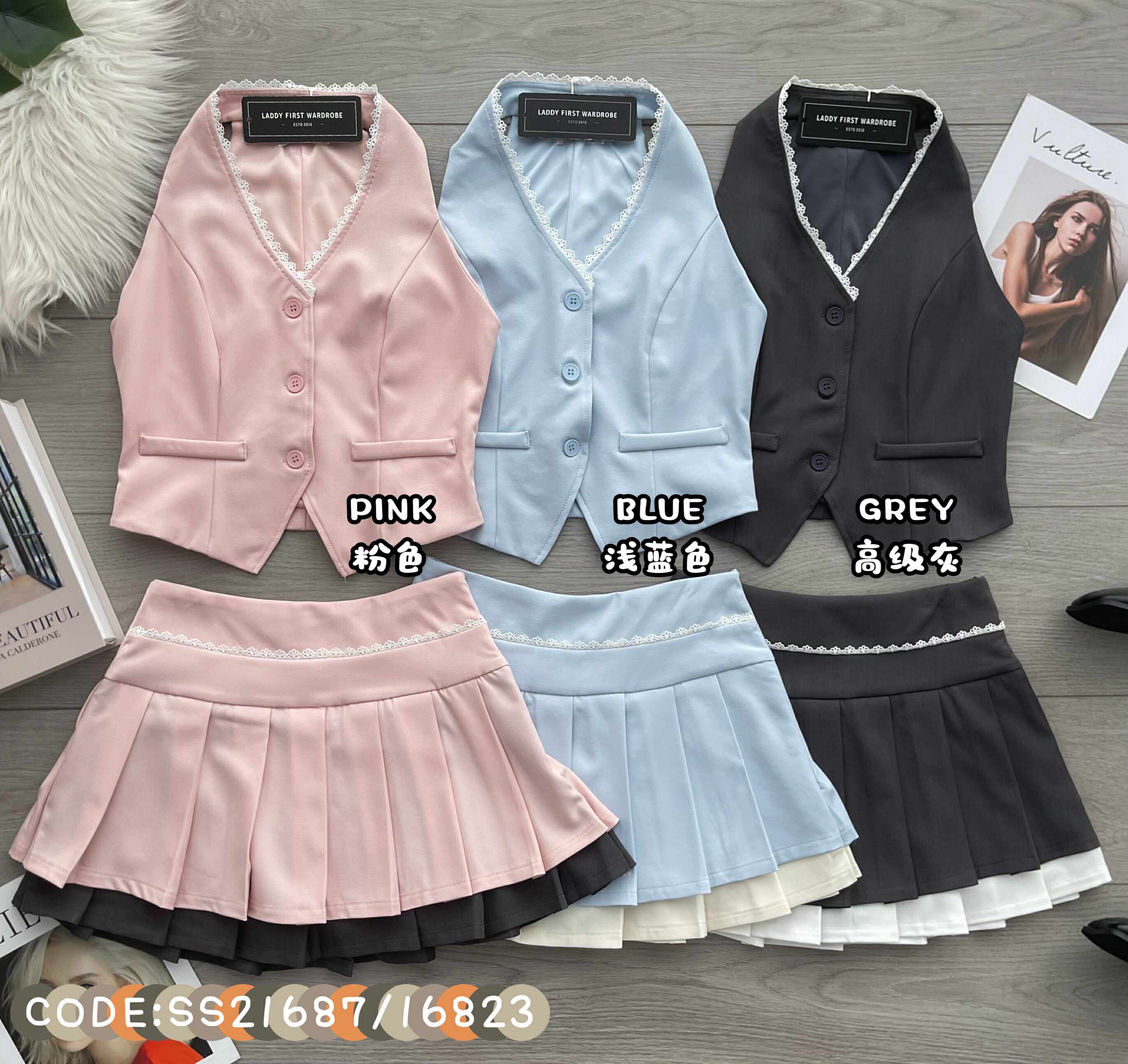 【SS21687 / 16823】高品质两件式马甲式西装套装 V领马甲式上衣➕双层百褶高腰百搭裙子，内层有短裤 ❤️❤️