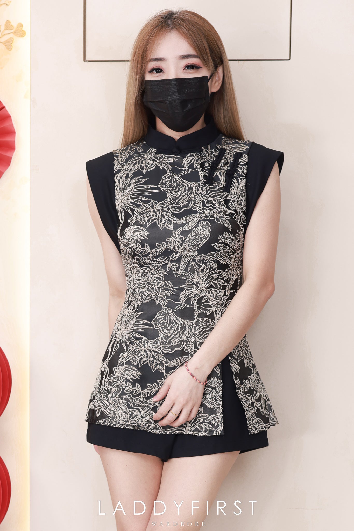 【D3505】【LFW独家小圆饼】高品质高档气质新中式国风西装拼接提花旗袍连身短裤，设计提花开叉裙子，内层西装连身短裤 ❤❤