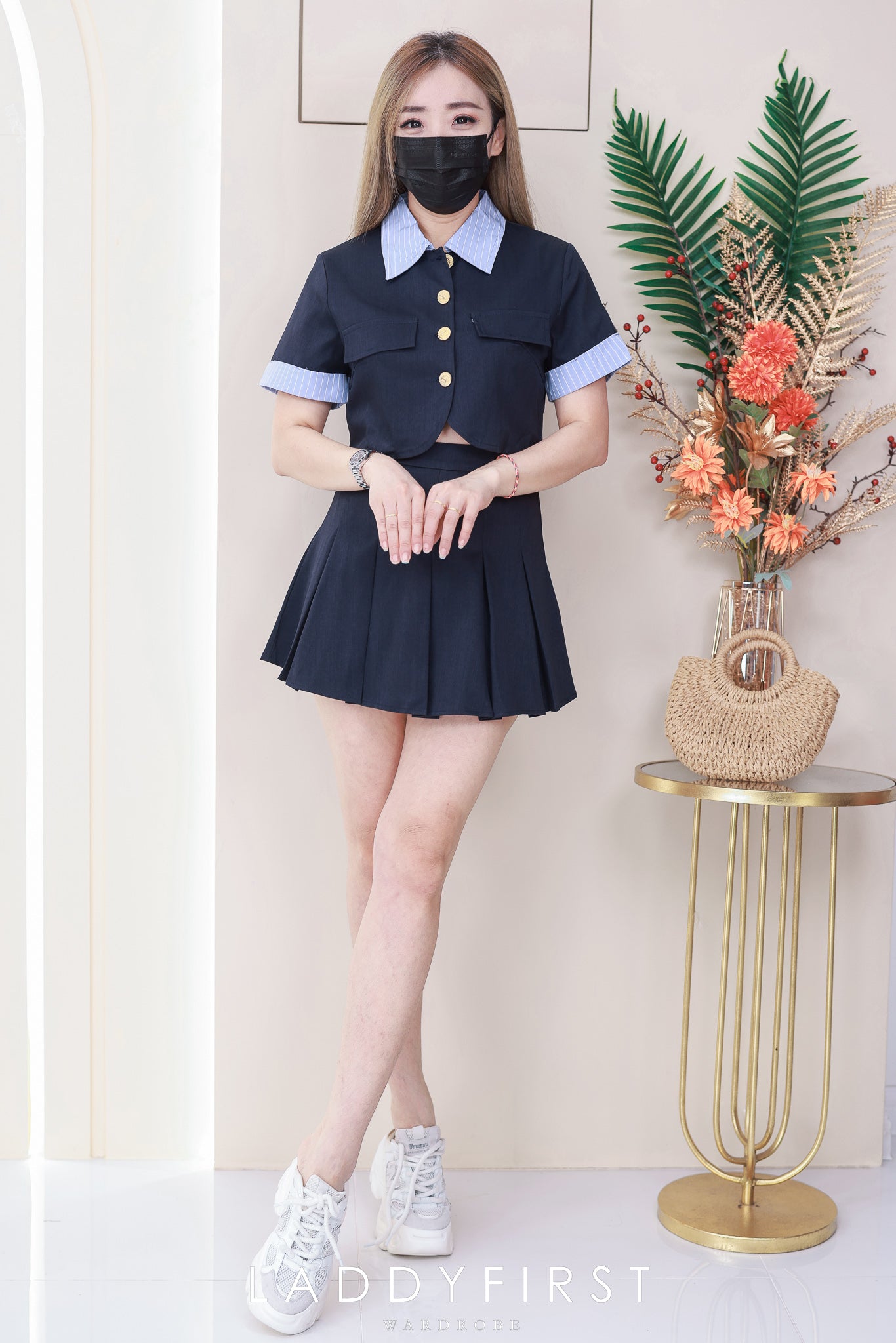 【SS121468】高品质两件式减龄学院风西装套装 翻领短袖上衣➕百褶西装高腰裙子，内层有里布短裤 ❤️❤️