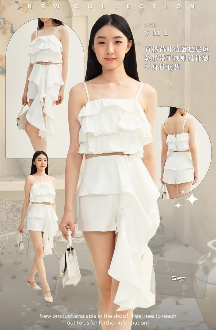 【SS24112】高品质两件式女神气质风套装  自调无袖肩带层次蛋糕上衣➕不规则荷叶边西装高腰短裤 ❤️❤️