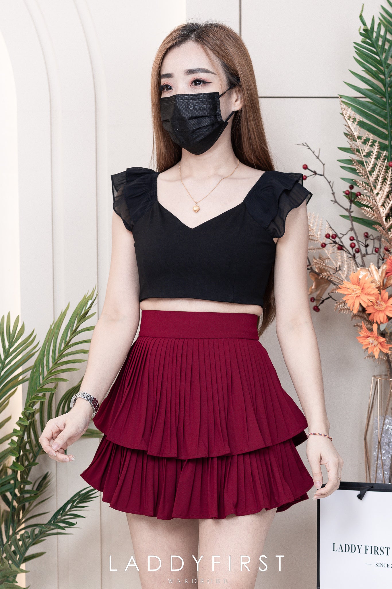 【S68114】【独家小圆饼】双层蛋糕百褶荷叶边高腰显瘦西装裙子，内层里布短裤【B-R1-C2】