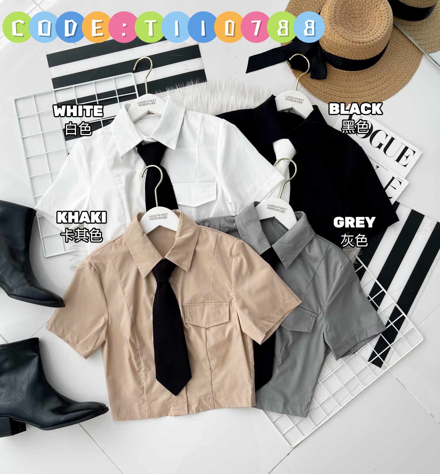 【T110788】高品质小众美式学院风翻领短袖衬衫上衣 ❤❤