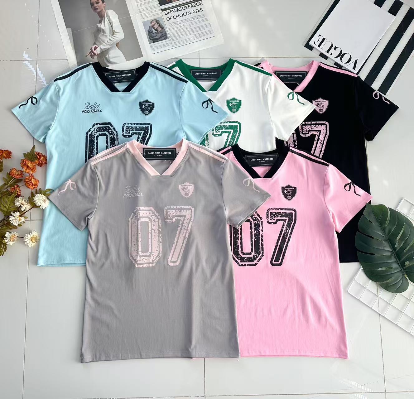 【T14038 / 8988】高品质拼色V领纯棉弹力宽松版球衣Oversized 百搭上衣 ❤️❤️
