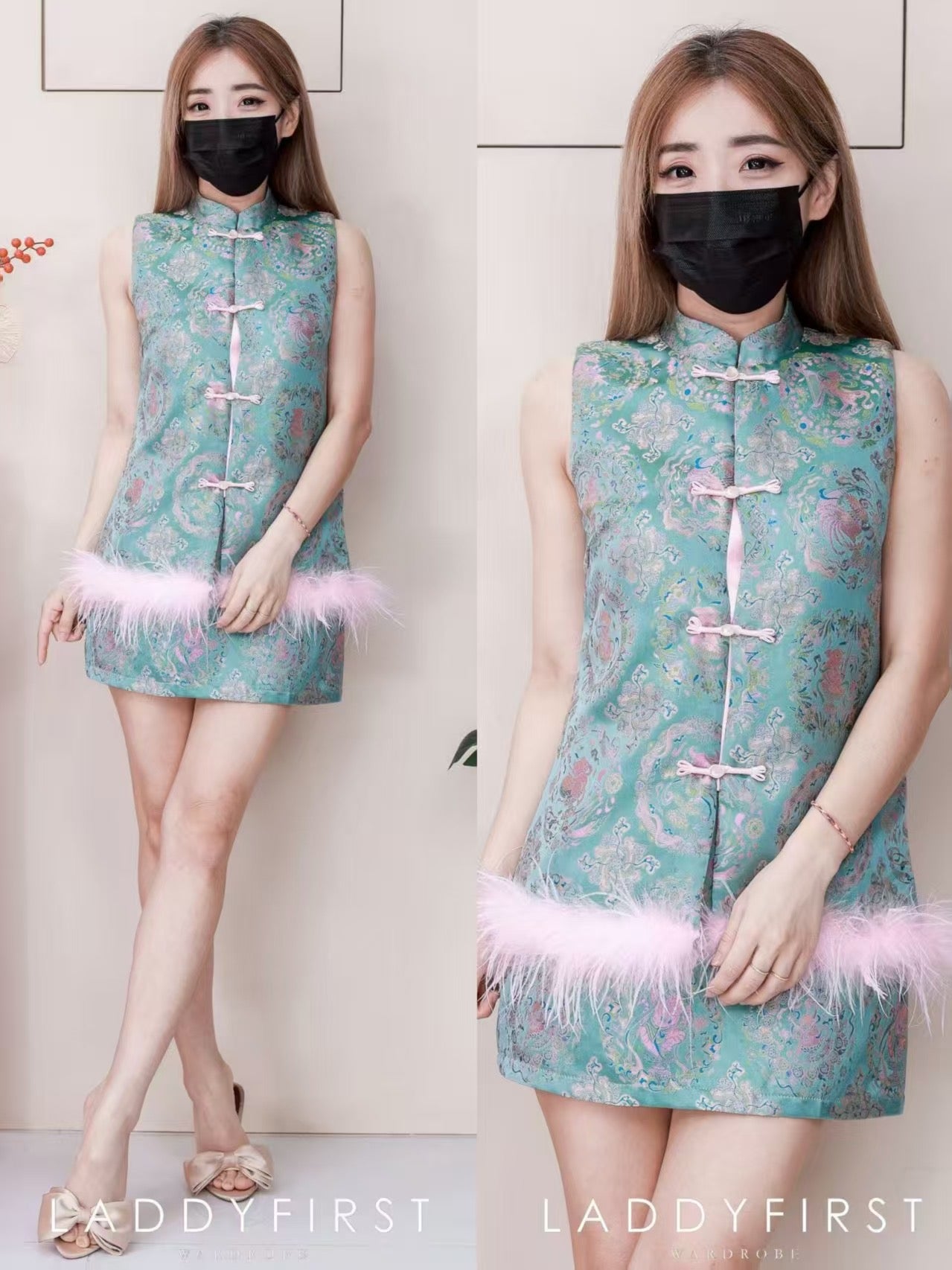 【SS24141】⚡️精选预定款⚡️高品质两件式气质国风新中式提花旗袍套装 拼接毛毛无袖旗袍上衣➕旗袍高腰裙子，内层有里布短裤 ❤️❤️