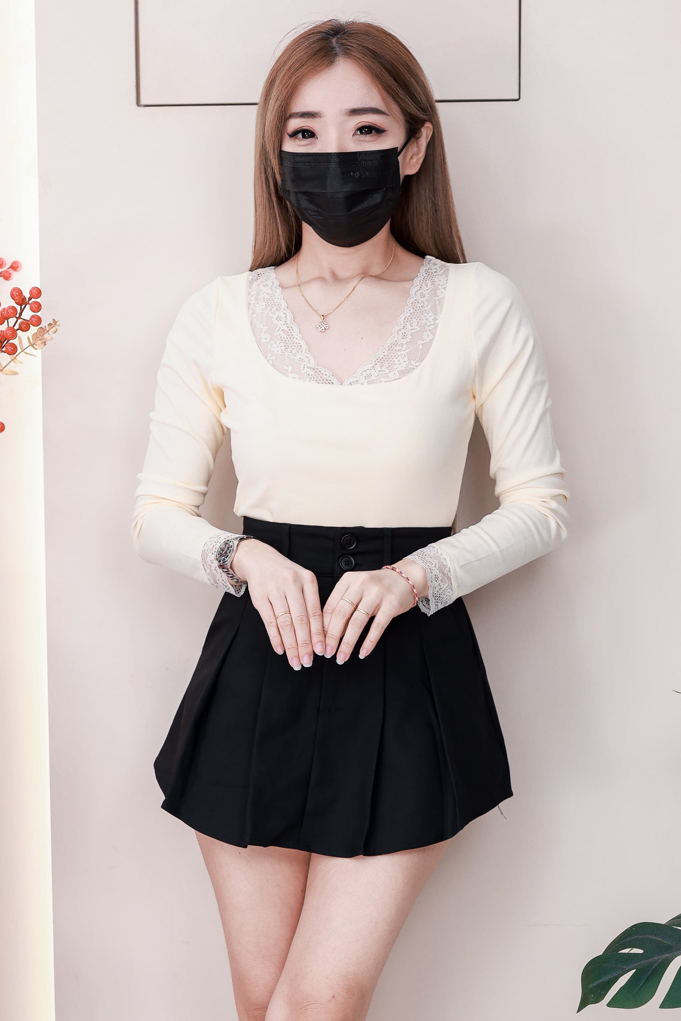 【T98598】高品质U领蕾丝边拼接双层纯棉弹力长袖百搭上衣 ❤❤【A-R1-C1】