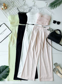 【SS3723】高品质气质两件式套装 , 网纱抹胸上衣 + 高腰宽腿裤 ❤️ 上衣带有防滑垫设计 , 有胸垫 , 后摆全弹力 ✔