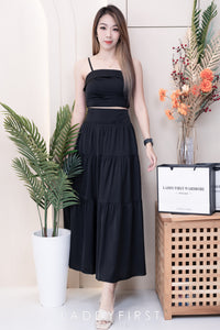 【SS32189】LFW独家爆款两件式仙气温柔风雪纺套装 自调无袖肩带抹胸上衣，后副伸缩弹力➕高腰显瘦大摆蛋糕长裙，内层有里布 ❤️❤️ 【B-R1-C3】