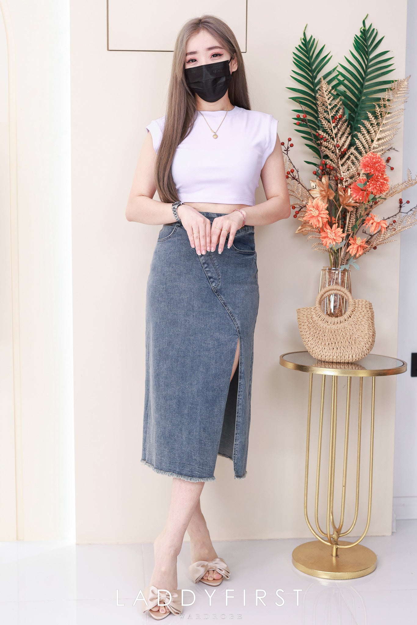 【L121417】高品质COTTON JEANS牛仔弹力韩系时尚开叉设计高腰裙子，有口袋 ❤️❤️ 【A-R1-C1】