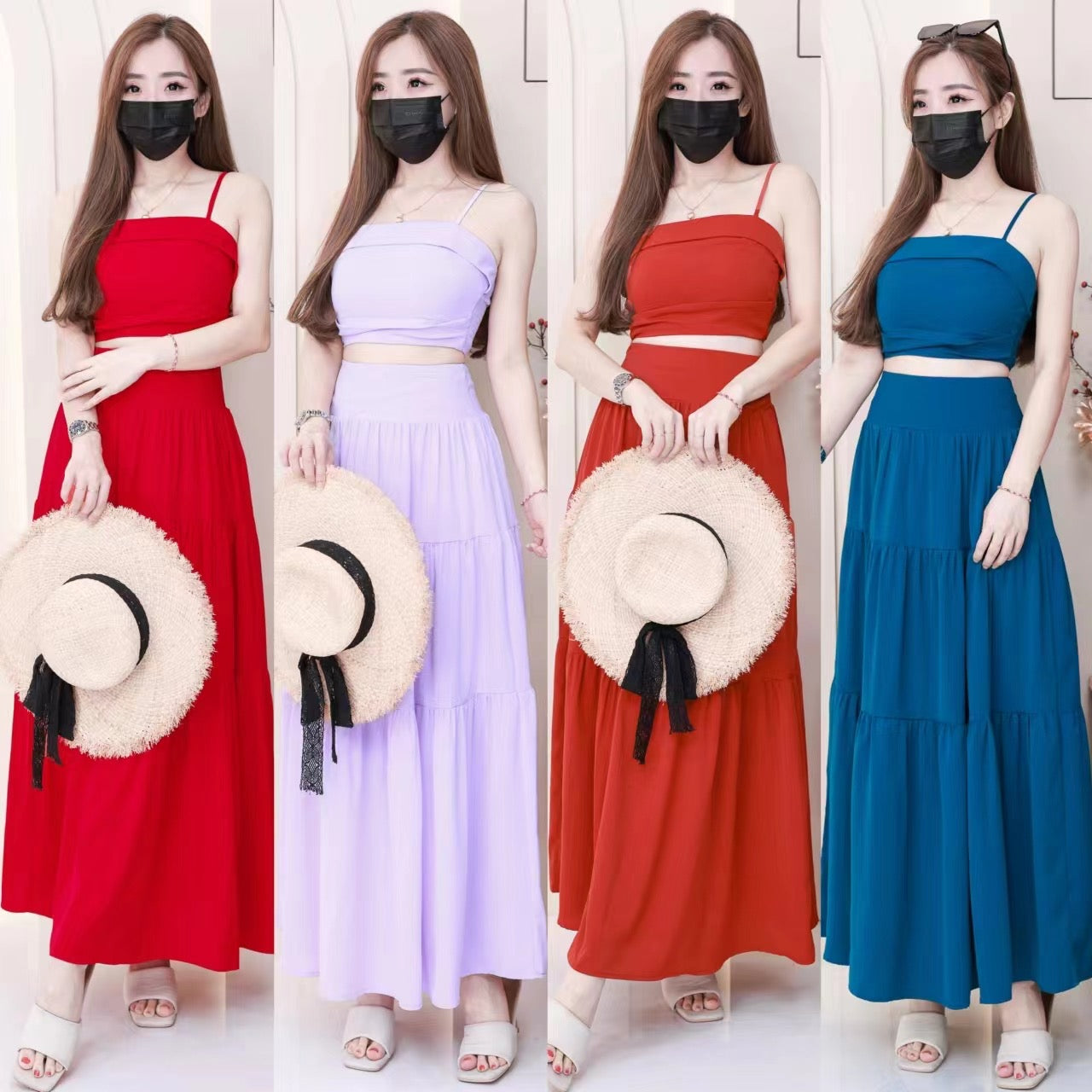 【SS32189】LFW独家爆款两件式仙气温柔风雪纺套装 自调无袖肩带抹胸上衣，后副伸缩弹力➕高腰显瘦大摆蛋糕长裙，内层有里布 ❤️❤️ 【B-R1-C3】