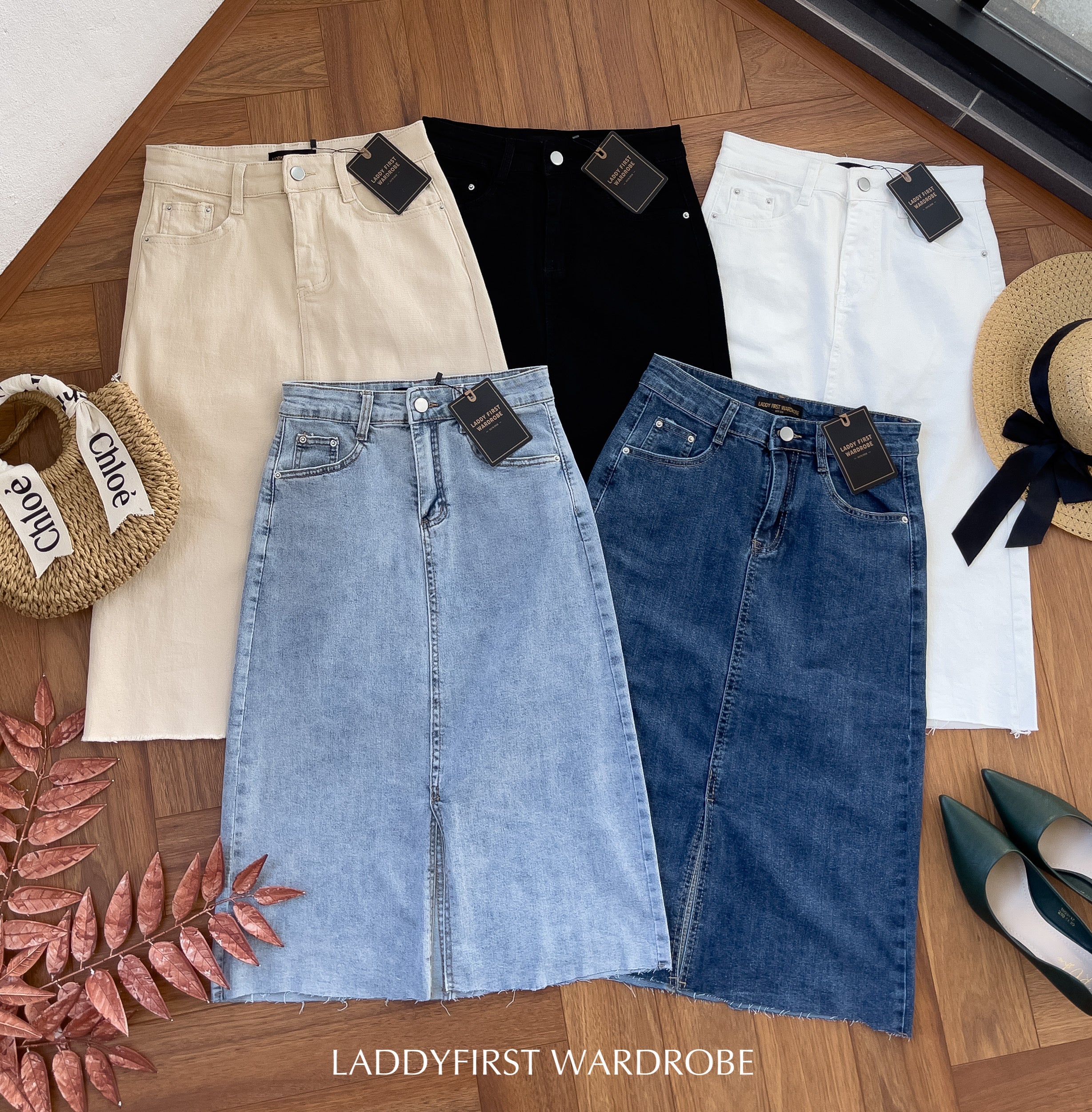 【L765】高品质COTTON JEANS牛仔弹力韩版七分高腰开叉裙子，有口袋 ❤️❤️
