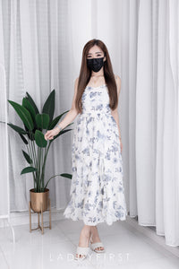 【D7820】V领超仙雪纺荷叶网纱肩带无袖碎花连身裙子，后副伸缩弹力【A-R1-C2】