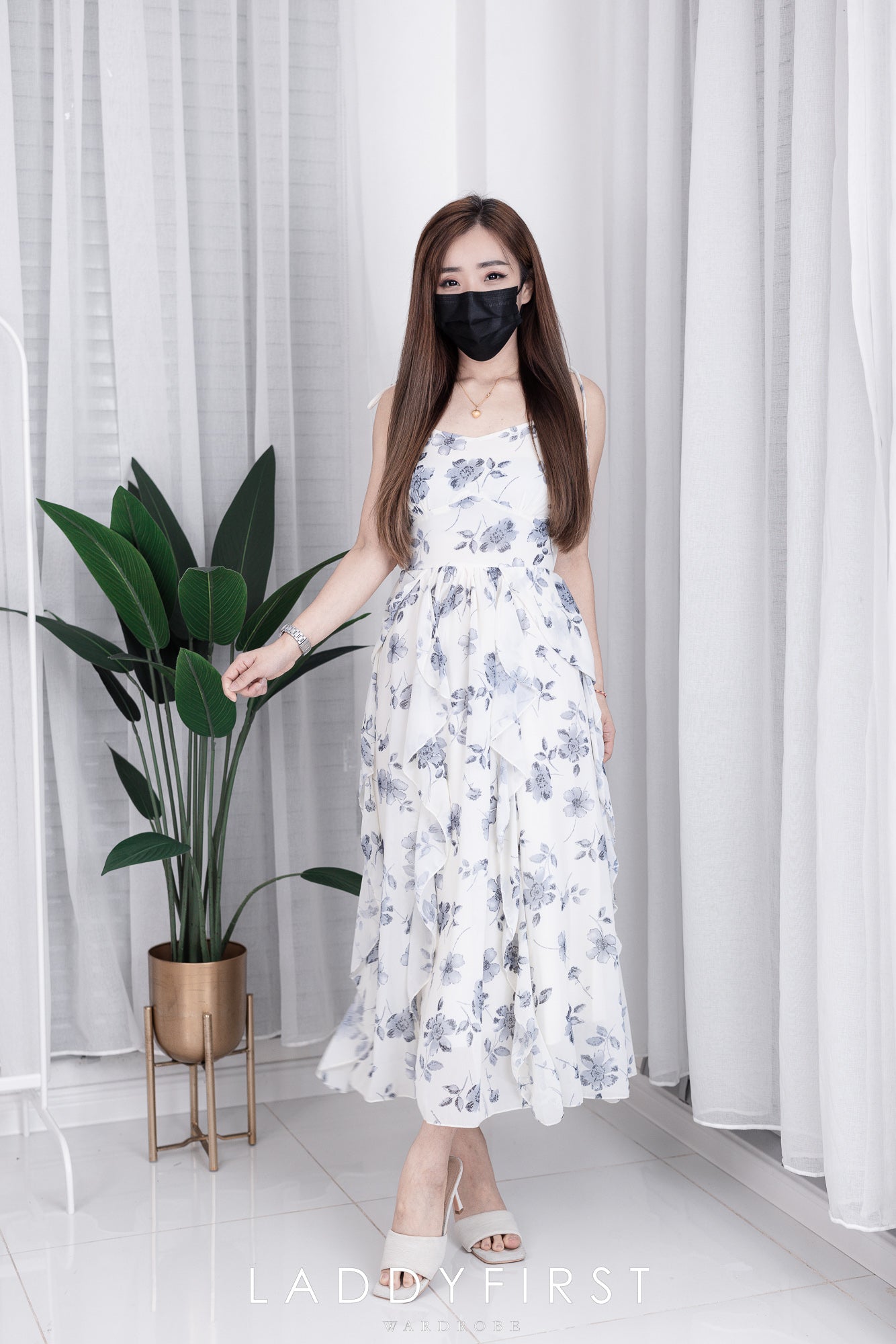 【D7820】V领超仙雪纺荷叶网纱肩带无袖碎花连身裙子，后副伸缩弹力【A-R1-C2】