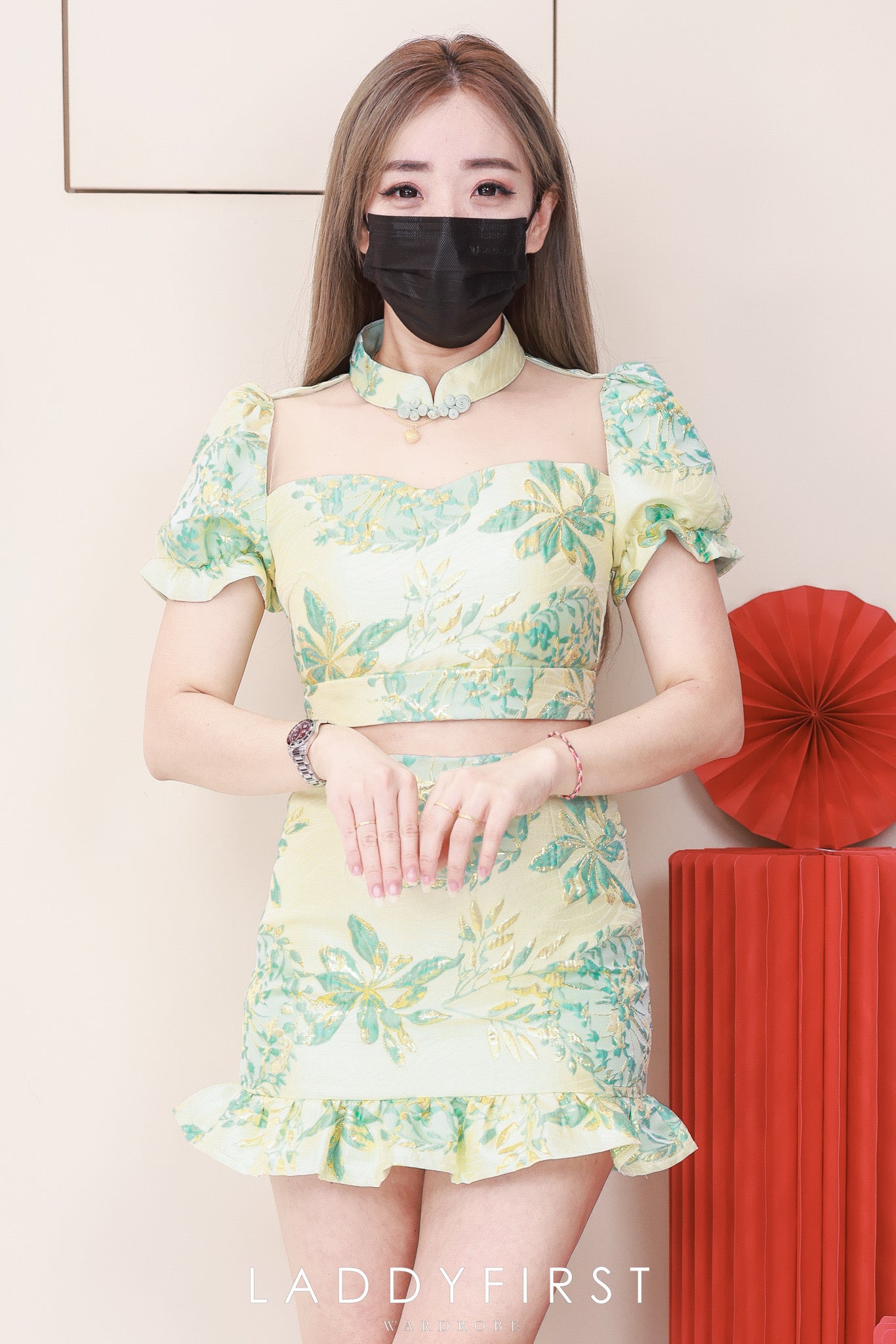 【SS3386-2】【LFW独家小圆饼】高品质两件式提花旗袍套装 泡泡袖提花拼接网纱旗袍上衣➕荷叶摆提花高腰裙子，内层有里布短裤 ❤️❤️