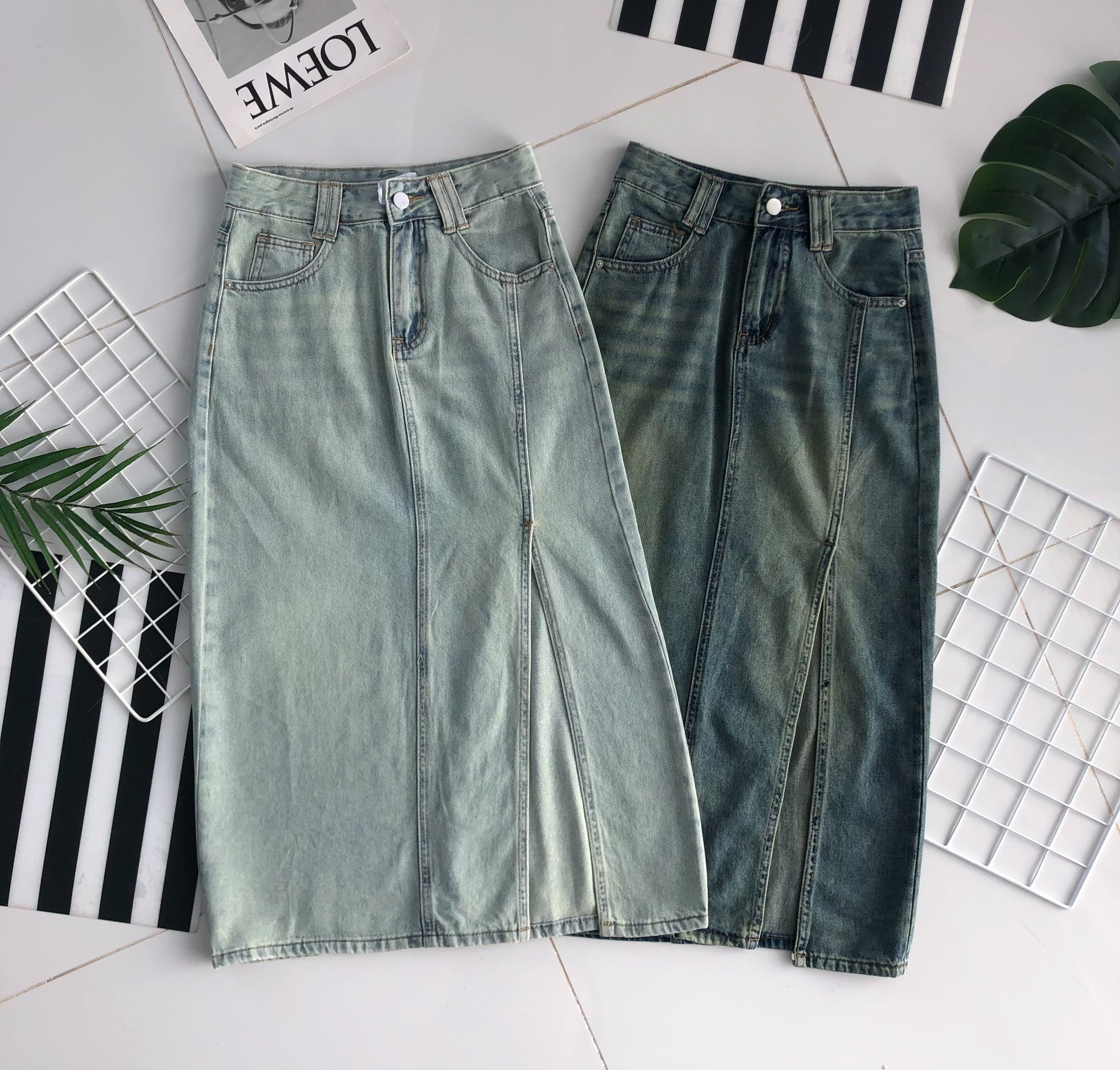 【L6511】高品质韩版牛仔高腰百搭裙子，露腿开叉设计，有口袋 ❤️❤️【A-R2-C1】