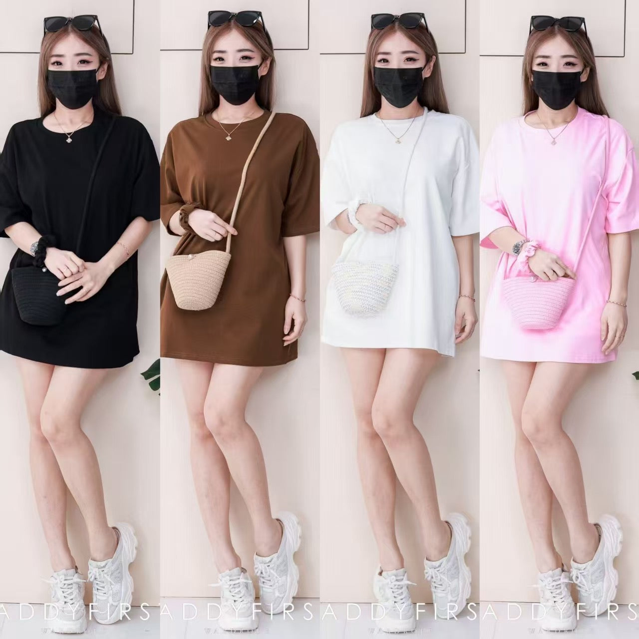 【O1160】高品质三件套男女同款纯棉Oversized 潮流时尚上衣 ❤️❤️ 上衣➕包包➕发圈【A-RU9】