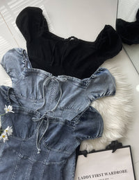 【D7113】高品质COTTON JEANS极简简约雪花牛仔连身裙子 ❤❤【B-R1-C5】