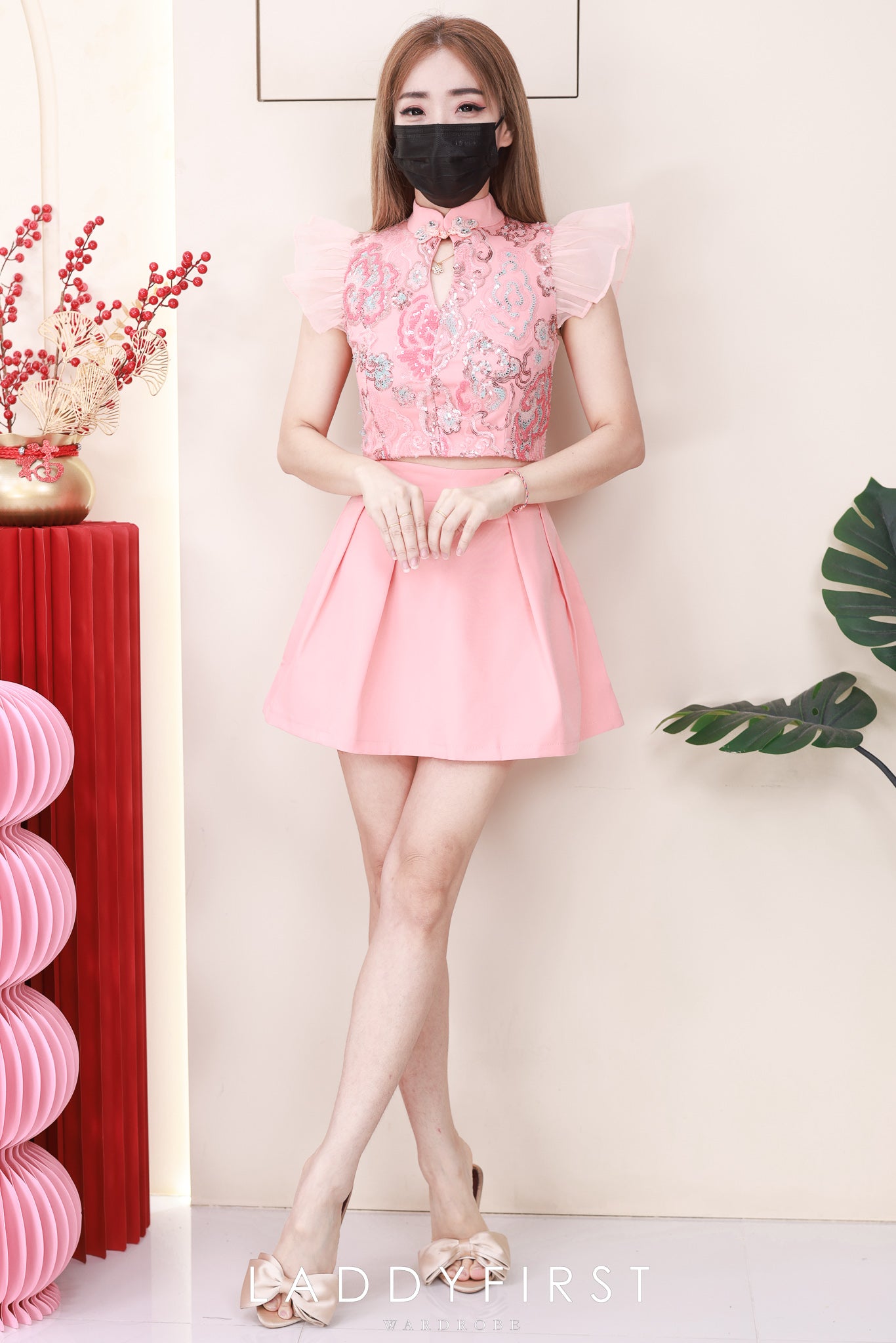 【SS8238811】高品质两件式重工新中式气质旗袍套装 锦棉拼接亮片旗袍上衣➕西装高腰百搭裙子，内层有里布短裤 ❤️❤️【A-R1-C5】